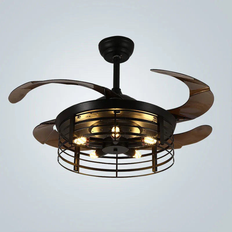 American retro style ceiling fan with integrated light and acrylic blades, shown with remote control.