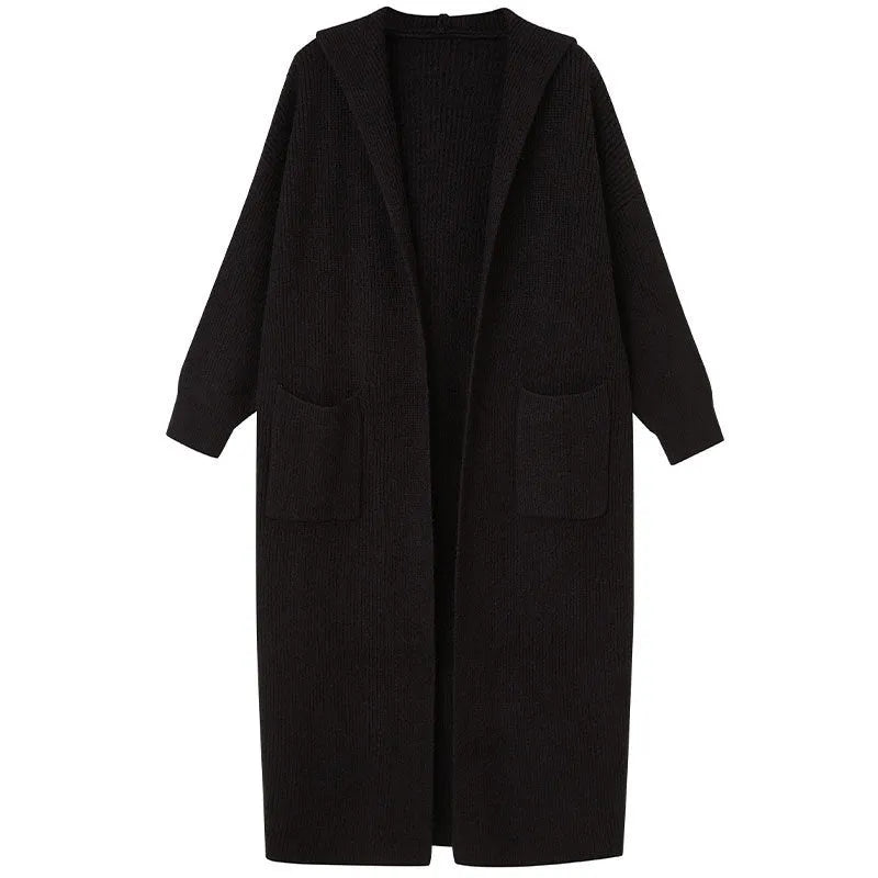 Long grey knitted hooded cardigan trench coat on a hanger showing its 80cm length and thick texture.