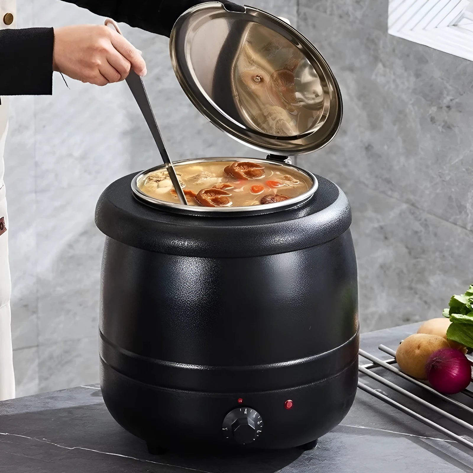10-litre stainless steel heat preservation soup pot with black steel cover for commercial kitchens