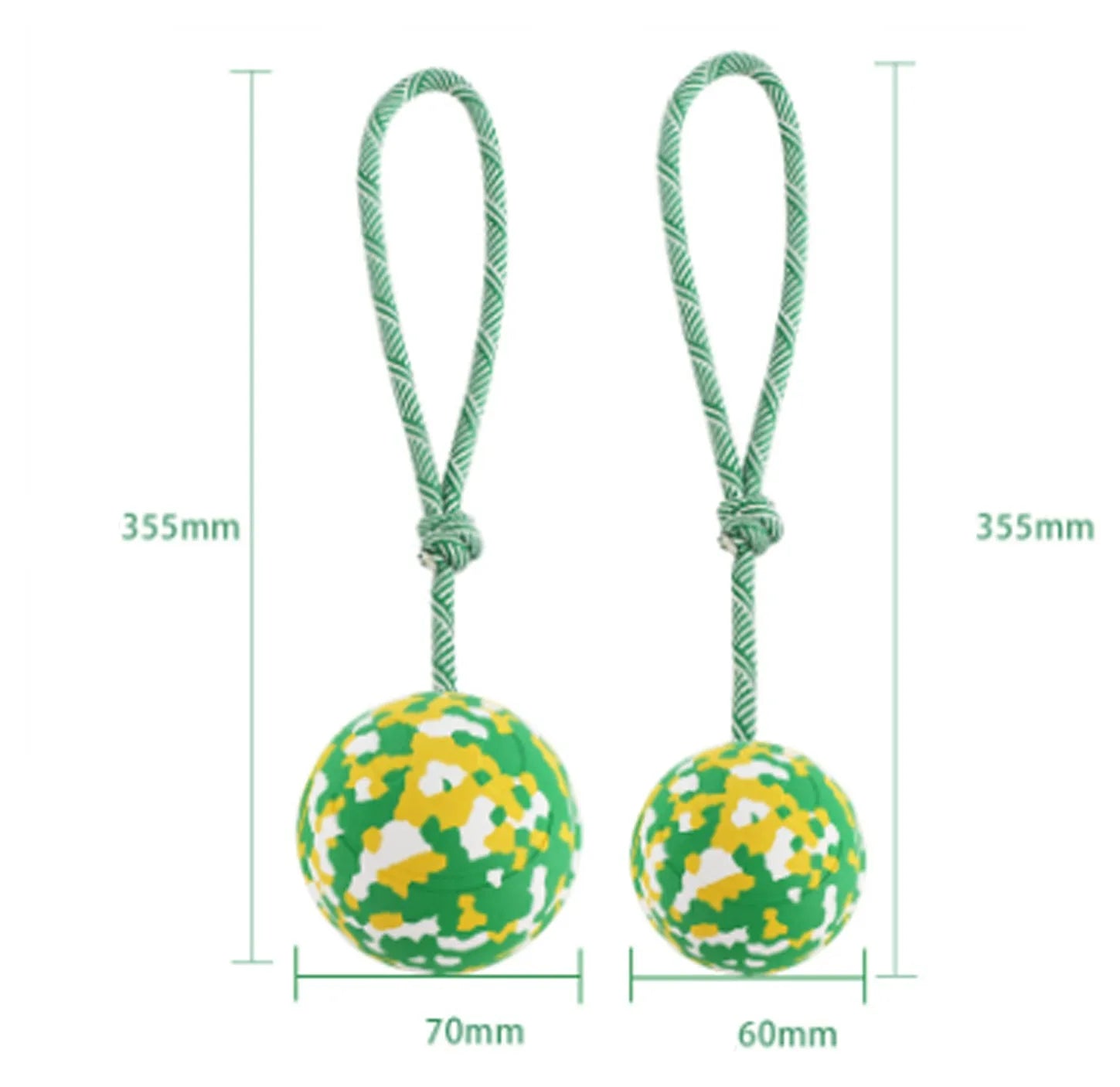 Dog rope ball toy with a solid rubber ball and attached nylon rope for fetch and tug games.