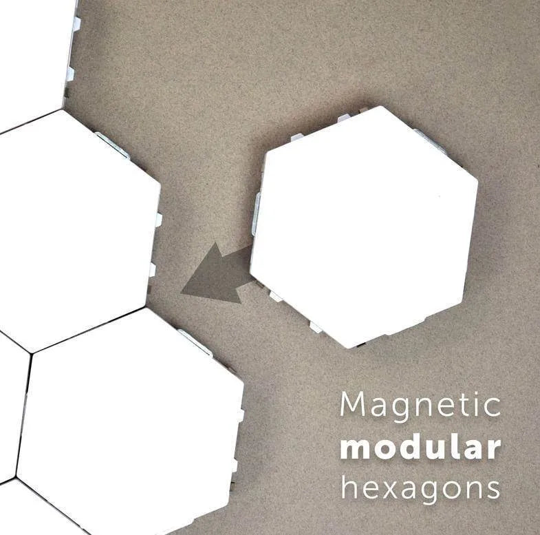 Hexagonal honeycomb wall lamp modules arranged in pattern with touch control and LED lighting