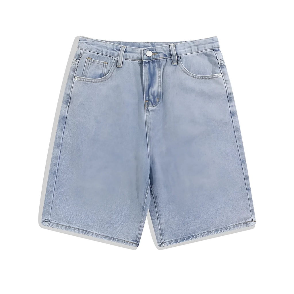 Men's light blue denim shorts with five pockets and straight leg cut on mid-waist fit