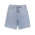 Men's light blue denim shorts with five pockets and straight leg cut on mid-waist fit