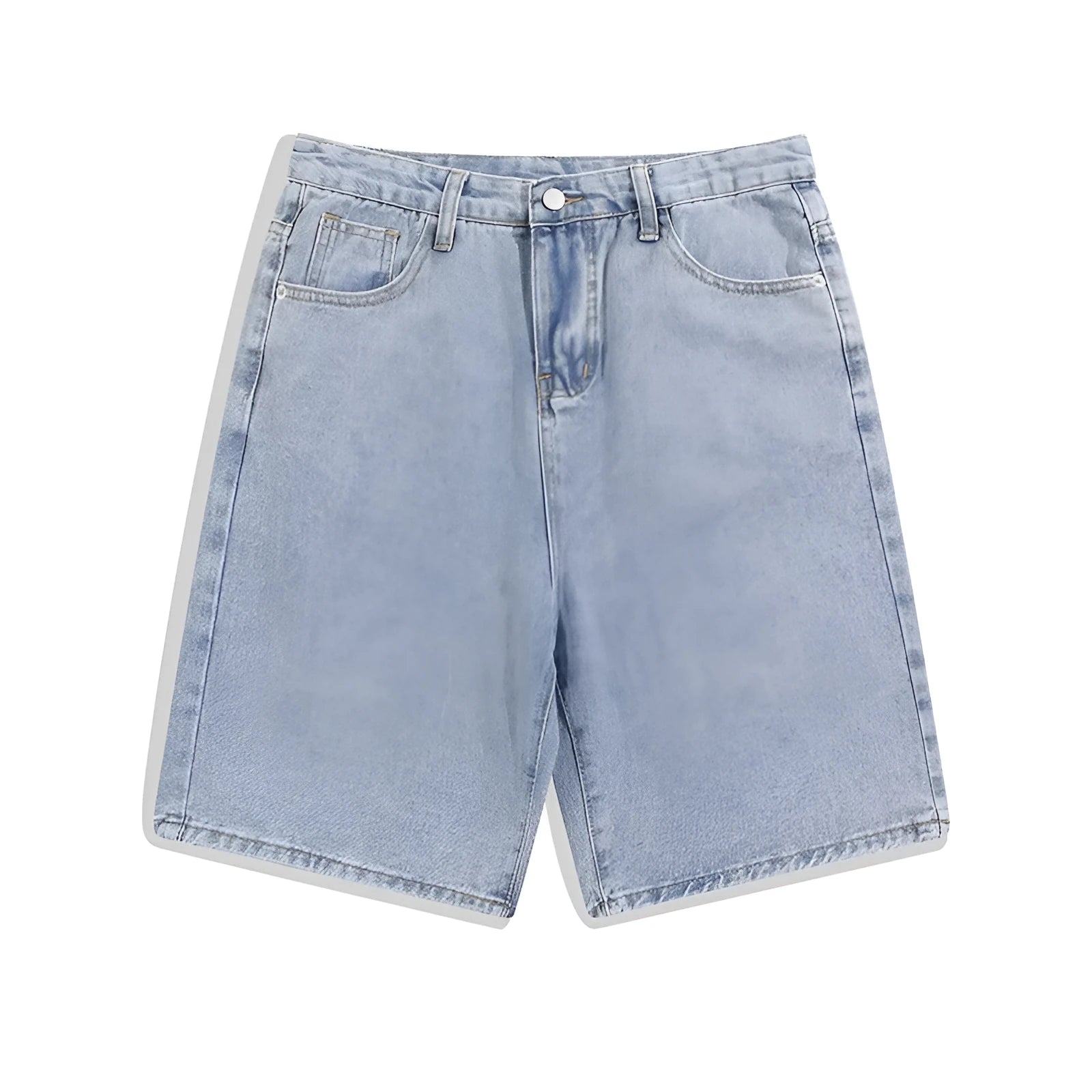 Men's light blue denim shorts with five pockets and straight leg cut on mid-waist fit