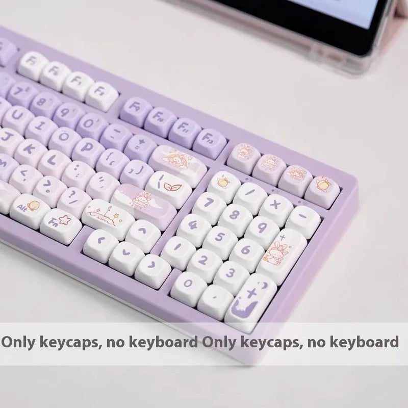 Set of gradient purple PBT keycaps for mechanical keyboards featuring a rabbit design.