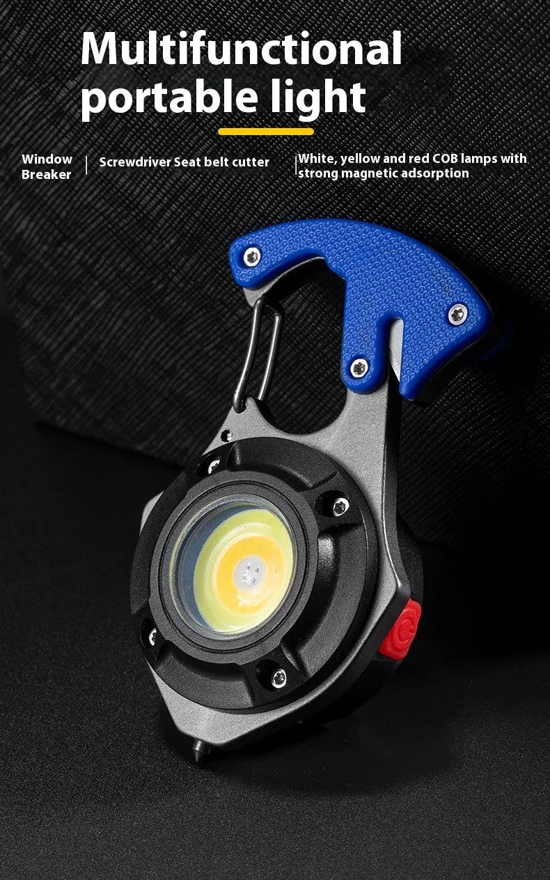 Compact silver and black multifunctional keychain flashlight with keyring, display screen, and integrated window breaker tool.
