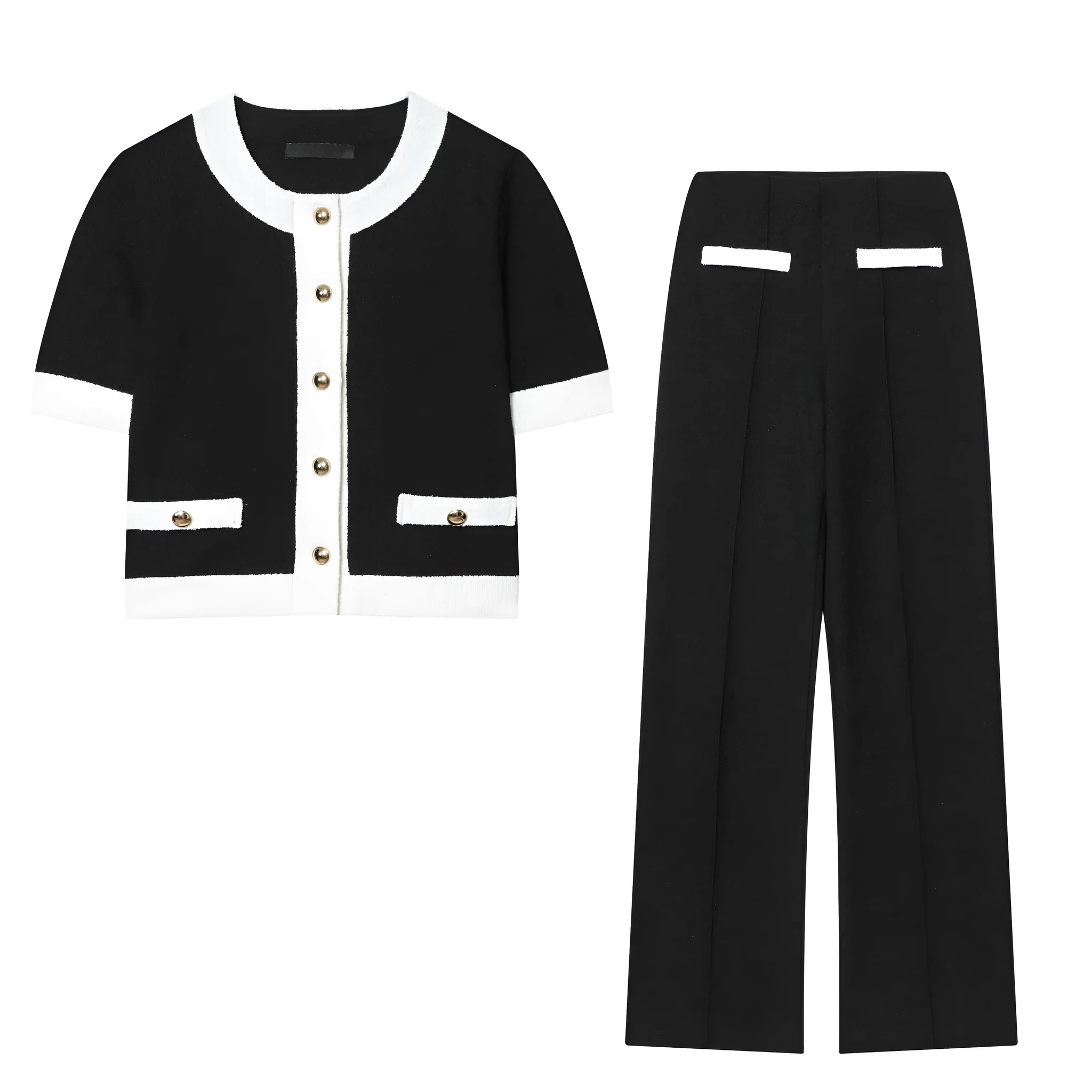 Women's contrast colour beaded leather top and stretch high-waisted trousers suit set