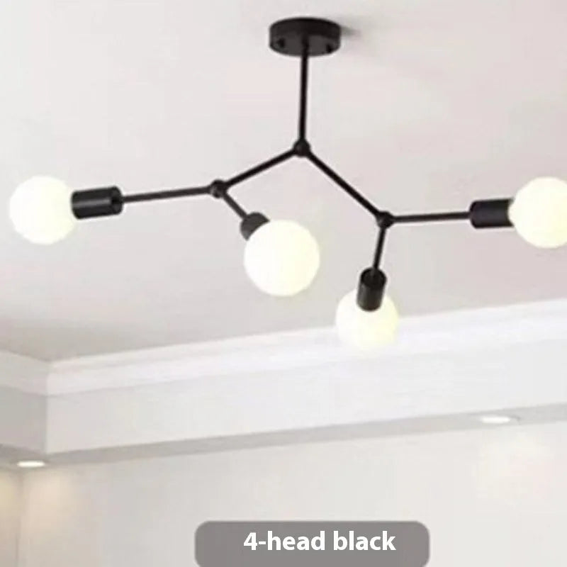 Iron Nordic style chandelier ceiling lamp with multiple light heads in black or white finish
