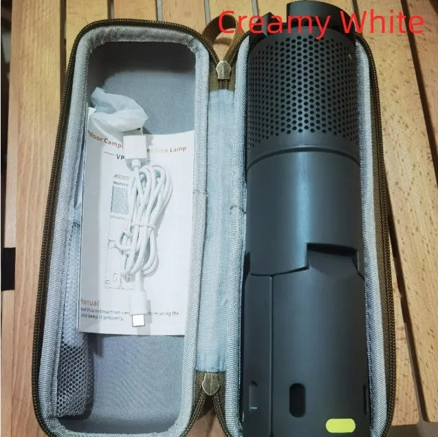 Portable camping LED light with battery power and button switch in creamy white or dark grey colours