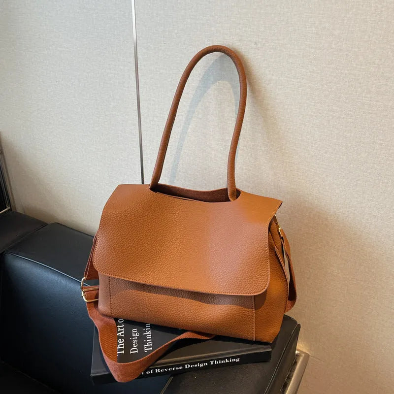 Horizontal square PU leather tote bag in vintage casual style with double shoulder straps.