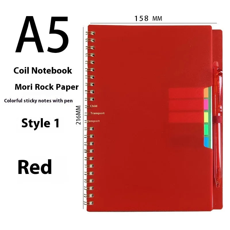 A5 spiral bound reusable notebook with stone paper, shown with pen on customisable coloured cover.