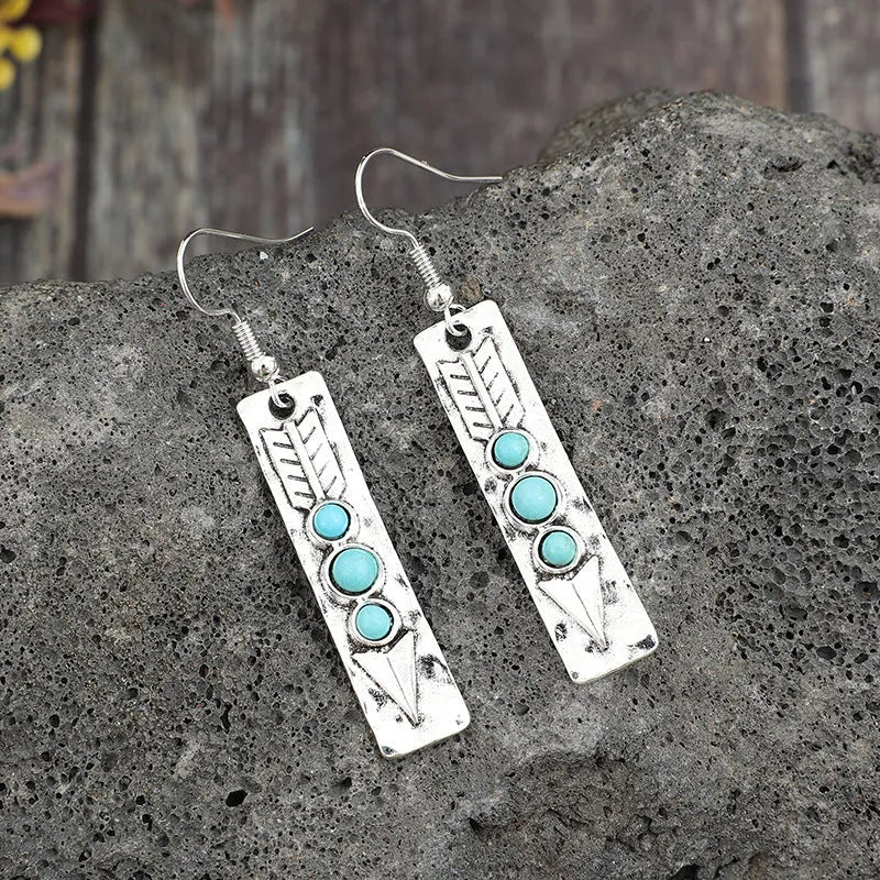 Geometric long strip silver earrings with turquoise inlay, retro design women's costume jewellery