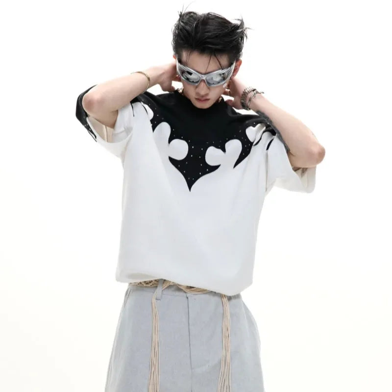 Men's red cotton t-shirt with three-dimensional stitching and rhinestone flower decoration, round neck with short drop-shoulder sleeves