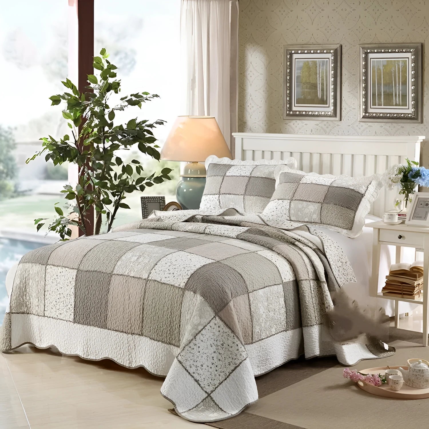 Pure cotton quilted bedspread and pillowcase set in a chosen pattern, laid flat on a bed.