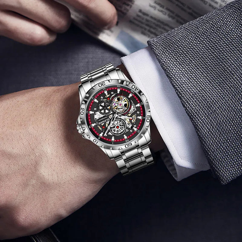 Men's automatic mechanical watch with hollow-out design showing movement through transparent back