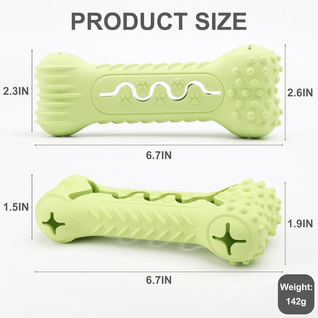 Natural rubber bone-shaped dog chew toy in blue, green, and orange colours