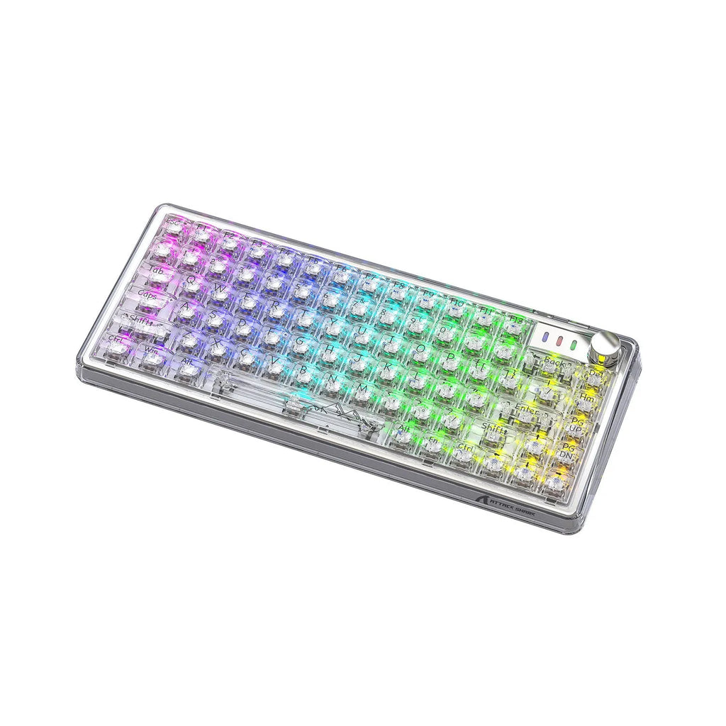 Attack Shark K75 RGB wireless mechanical keyboard with transparent black case, illuminated keys, and included accessories.