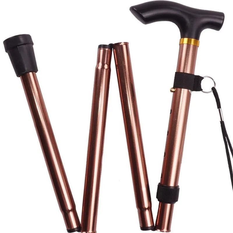 Aluminium folding walking cane extended to show adjustable length with non-slip handle
