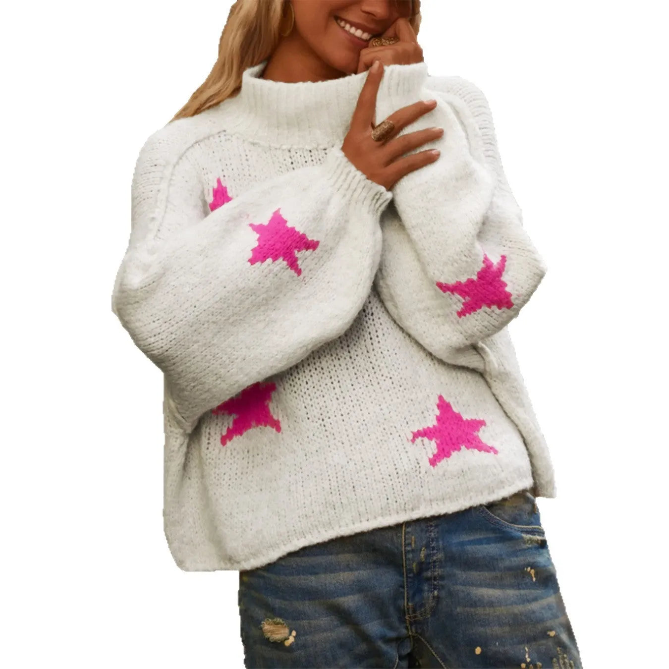 White women's turtleneck pullover with five-pointed star pattern and loose fit design