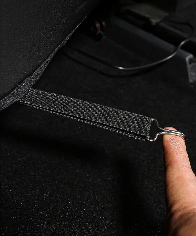 Black leather rear anti kick pad for car seat protection, showing single pocket and dimensions.