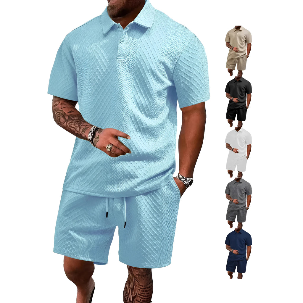 Men's patterned cloth casual suit comprising a short sleeve polo shirt and trousers on a hanger.