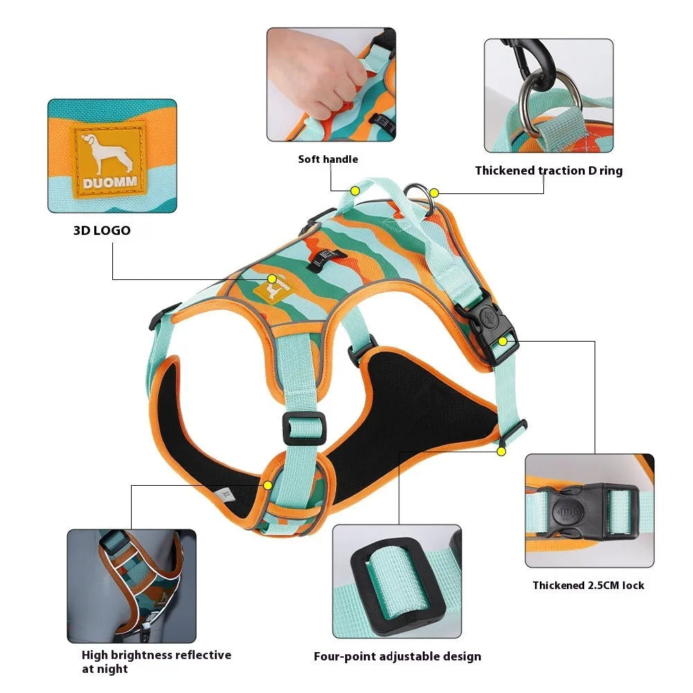 Orange reflective dog chest and back harness with an attached hand-holding rope on a grey background.