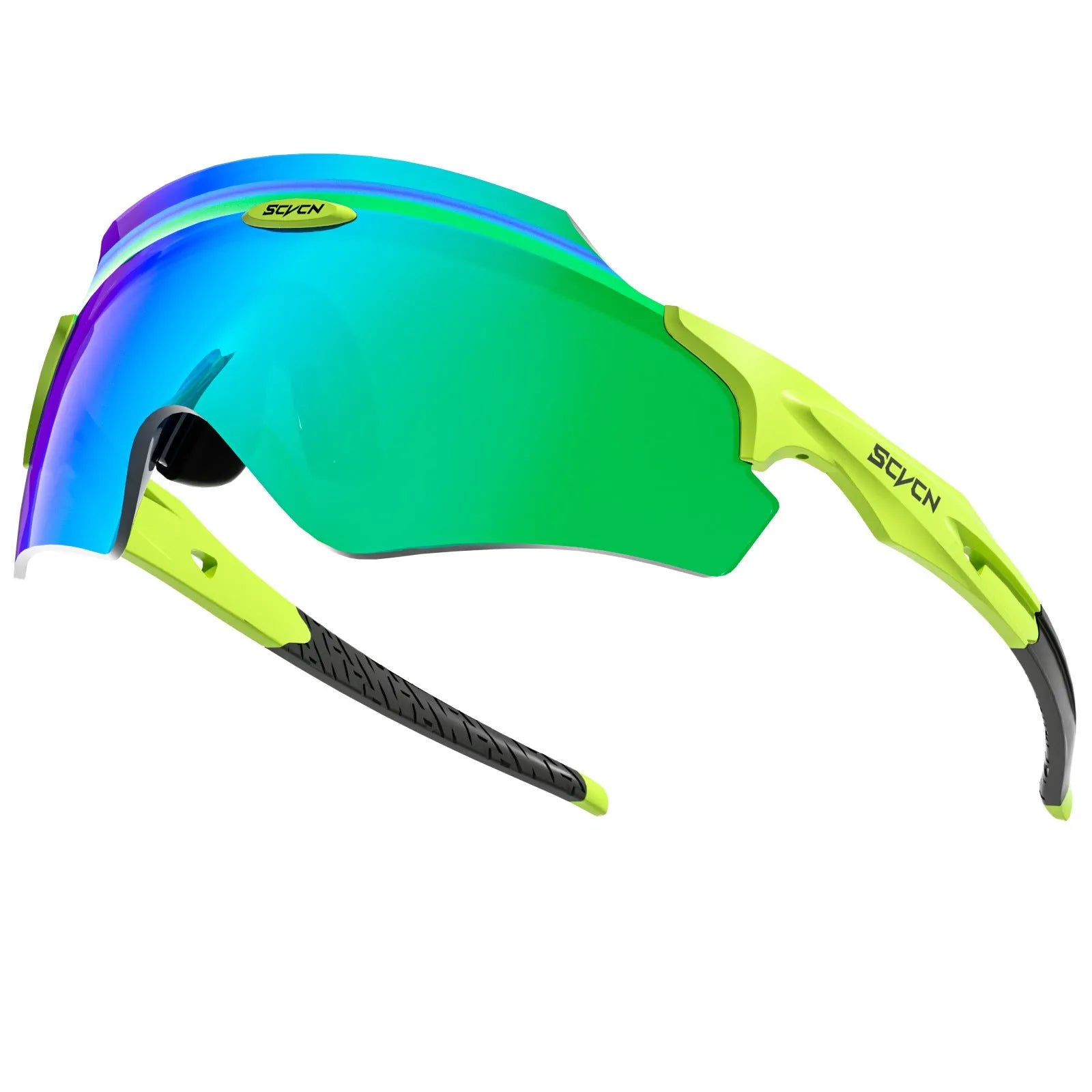 Frameless windproof sports goggles with an integrated colourful lens, shown in a sporty setting.