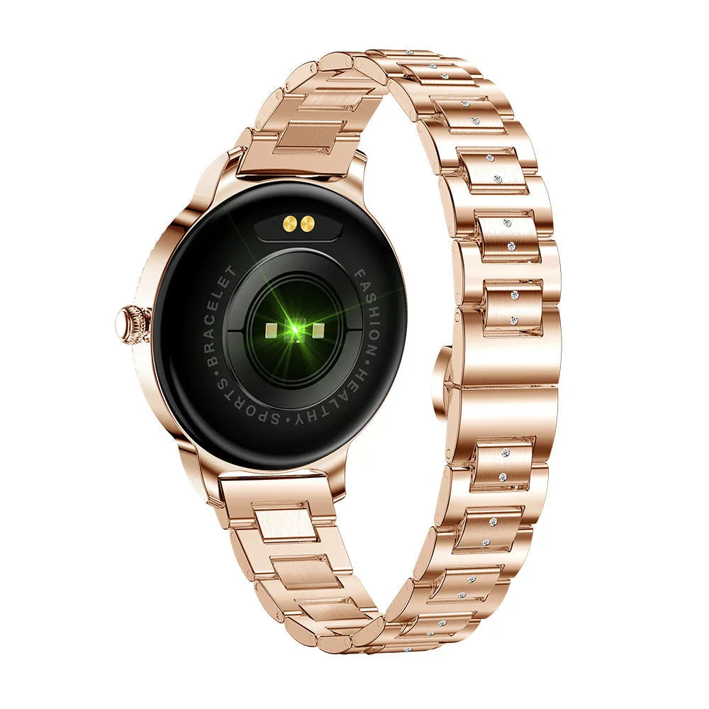 AK38 ladies smart watch with stainless steel Milanese band and 1.09-inch colour screen displayed on a wrist.