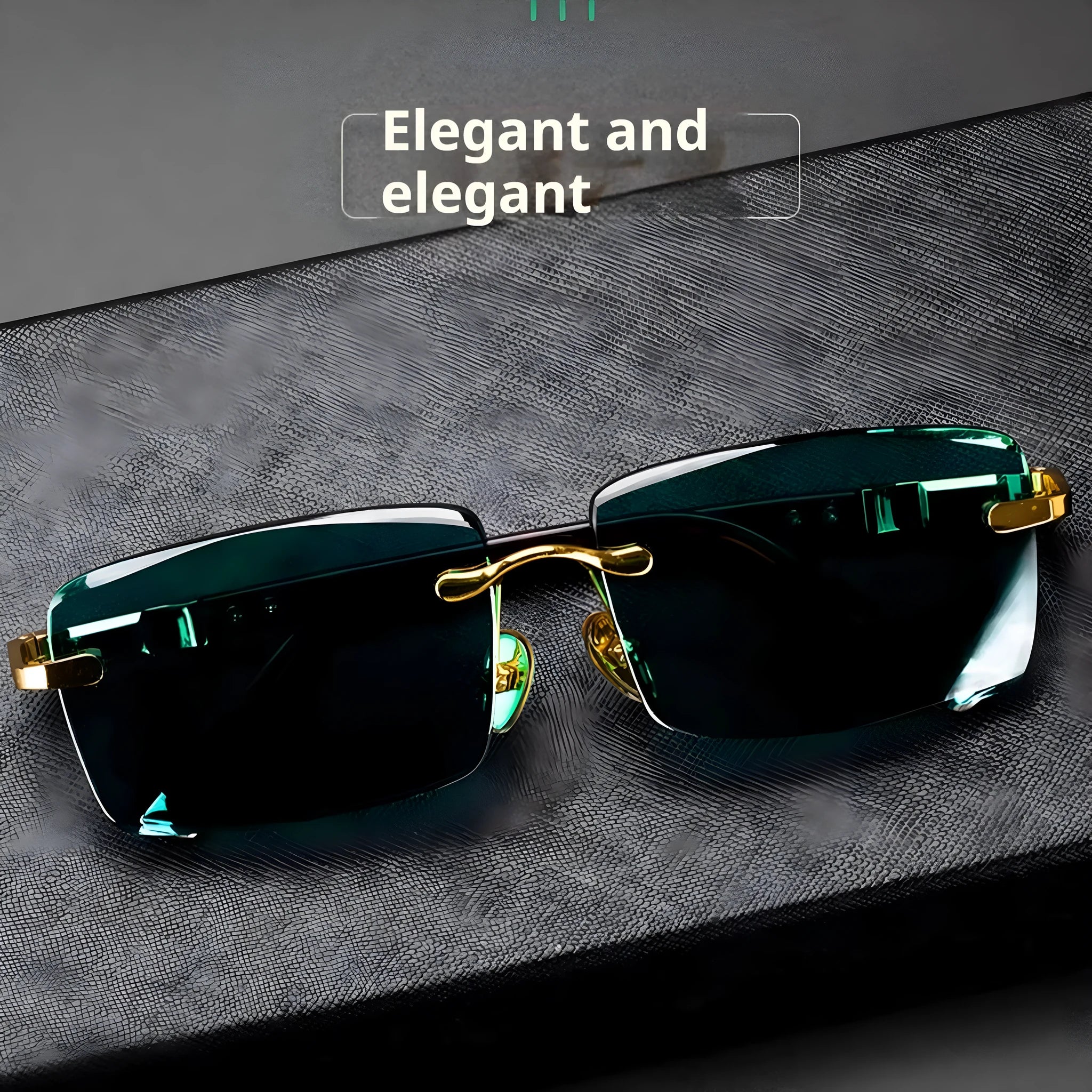 Dark green frameless crystal sunglasses shown with a glasses case and lens cloth.