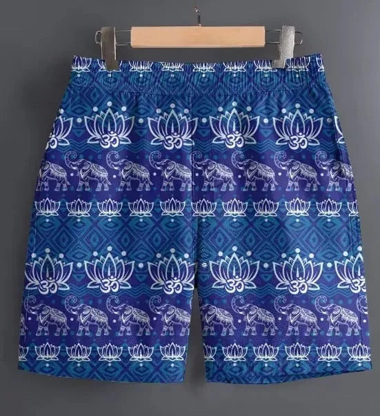 Men's casual polyester sports shorts in a camouflage print pattern, laid flat.