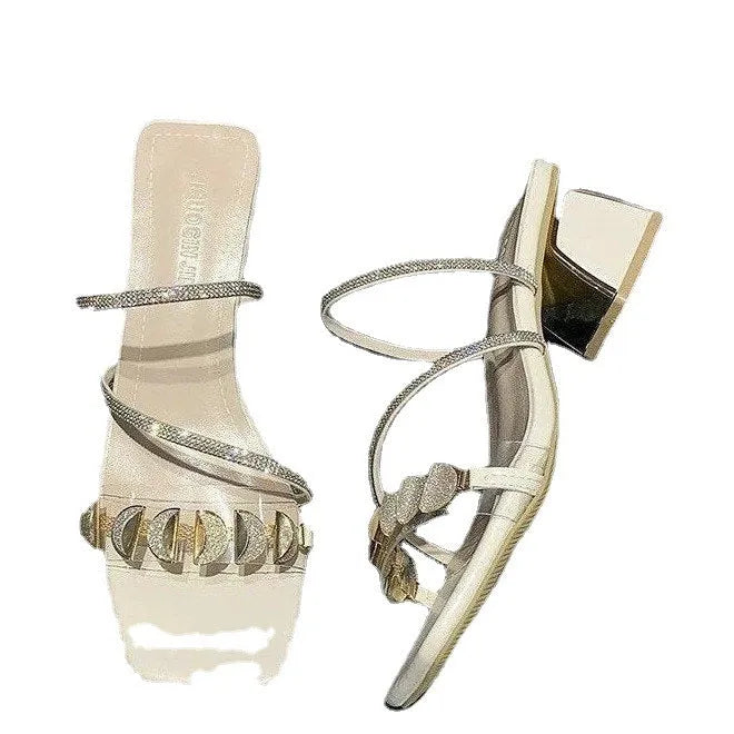 Women's dignified rhinestone sandals in white with square toe shape, PU upper, and rubber sole
