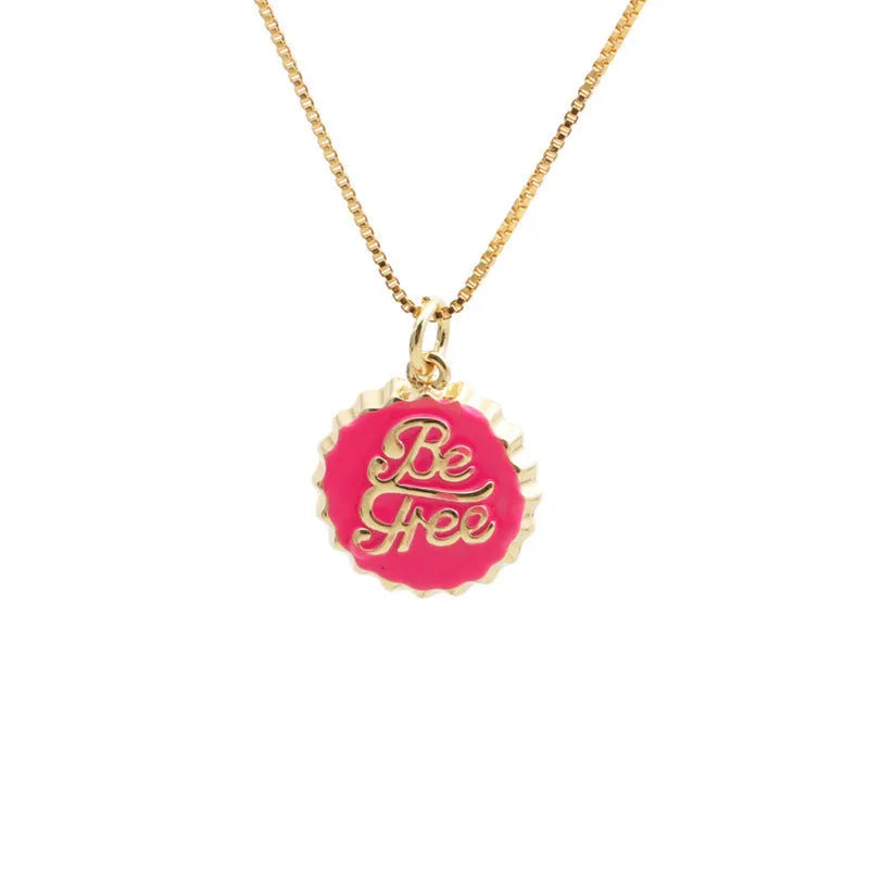 Copper bottle cap pendant necklace with gold electroplating on a box chain, shown in multiple colour options.