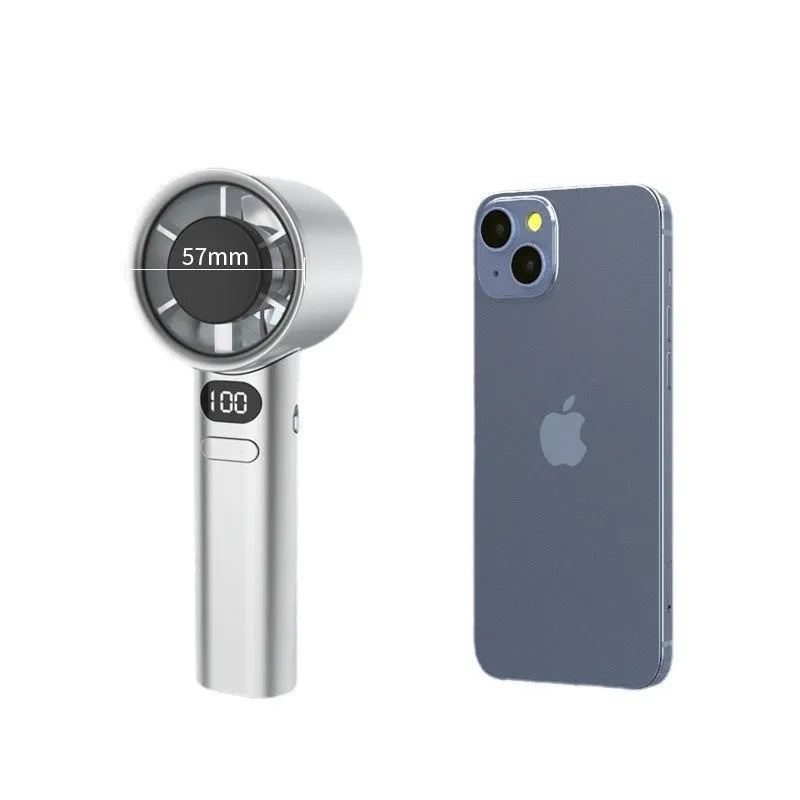 A handheld USB rechargeable fan with variable speed control in green, khaki, silver, or white colour.