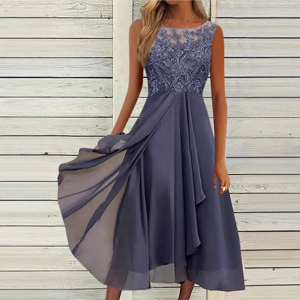 Women's sleeveless chiffon dress with lace stitching in green, purple or blue colours