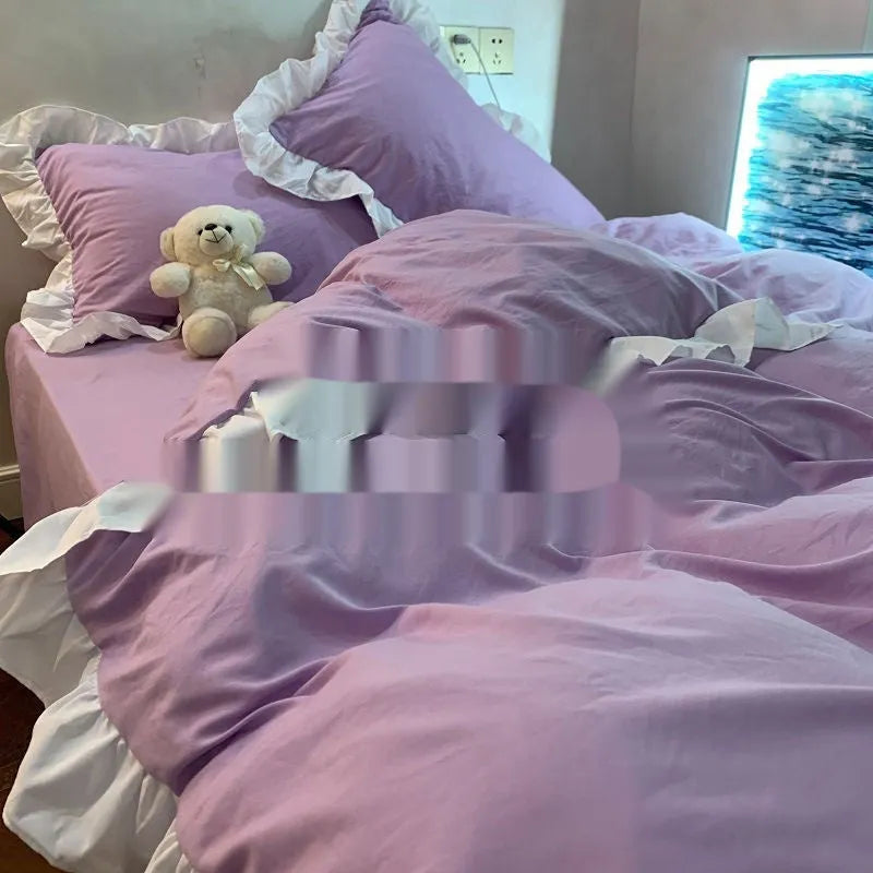 Mori style solid colour linen quilt cover and pillowcases on a bed