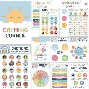 Set of 12 calm corner posters with puzzle-style design for classroom wall decoration