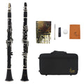 Black beginner clarinet with 17 Bakelite keys and protective carrying bag