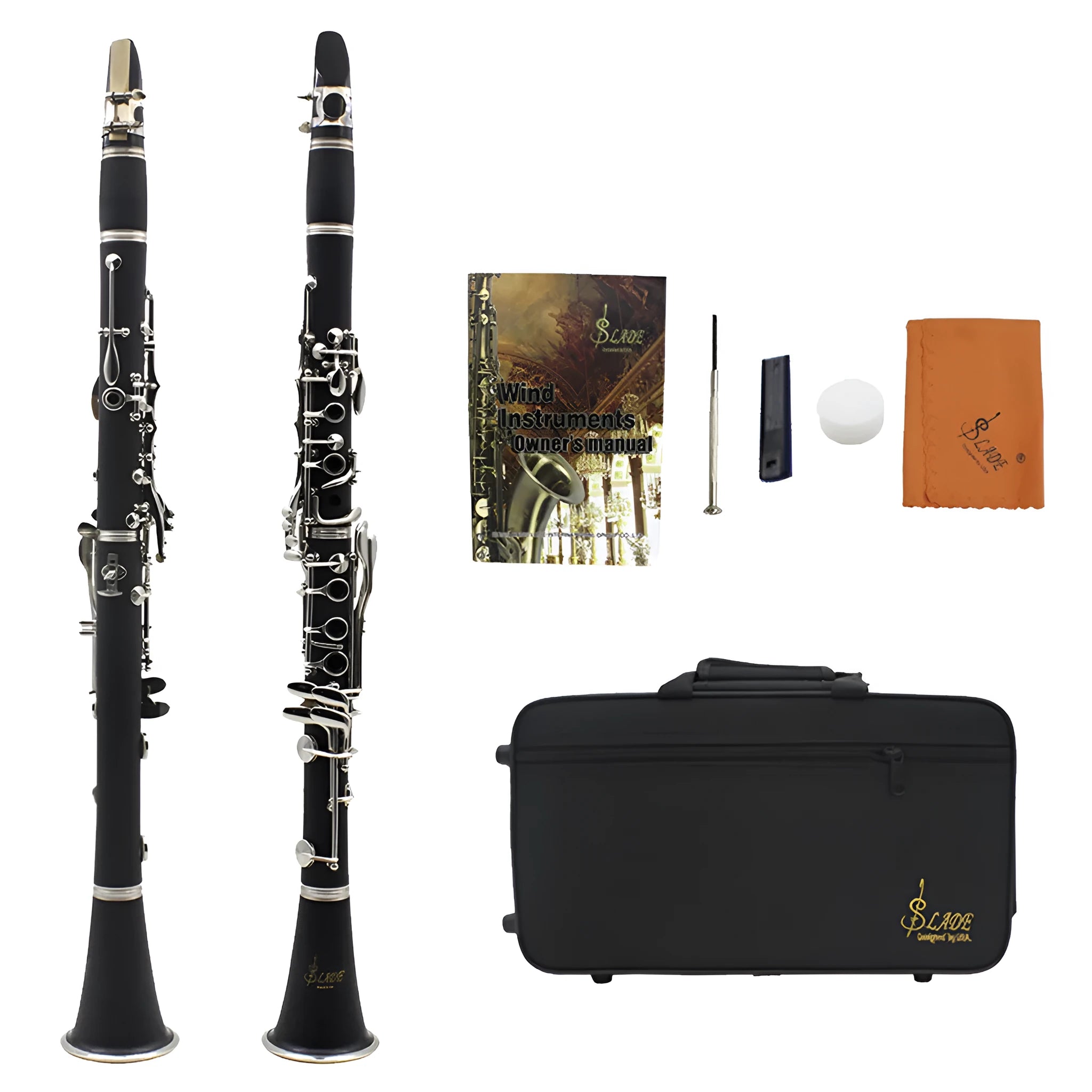 Black beginner clarinet with 17 Bakelite keys and protective carrying bag