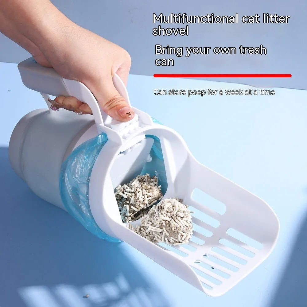 Grey cat litter scoop attached to a waste bin with a lid, showing foldable bottom and non-slip handle.