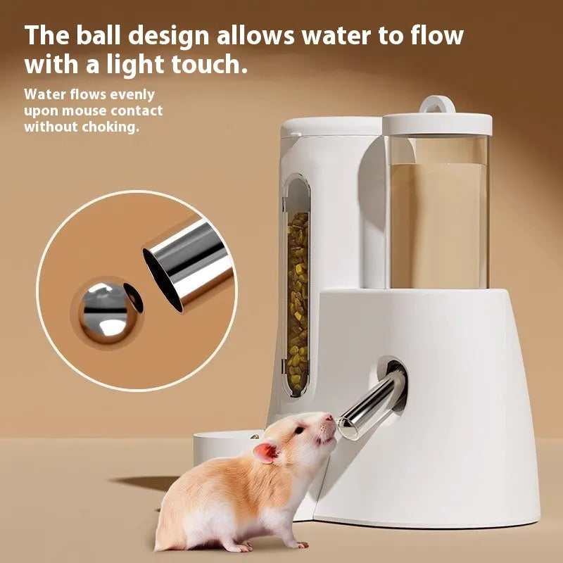 Blue hamster automatic water bottle and dual-compartment white food basin attached together.