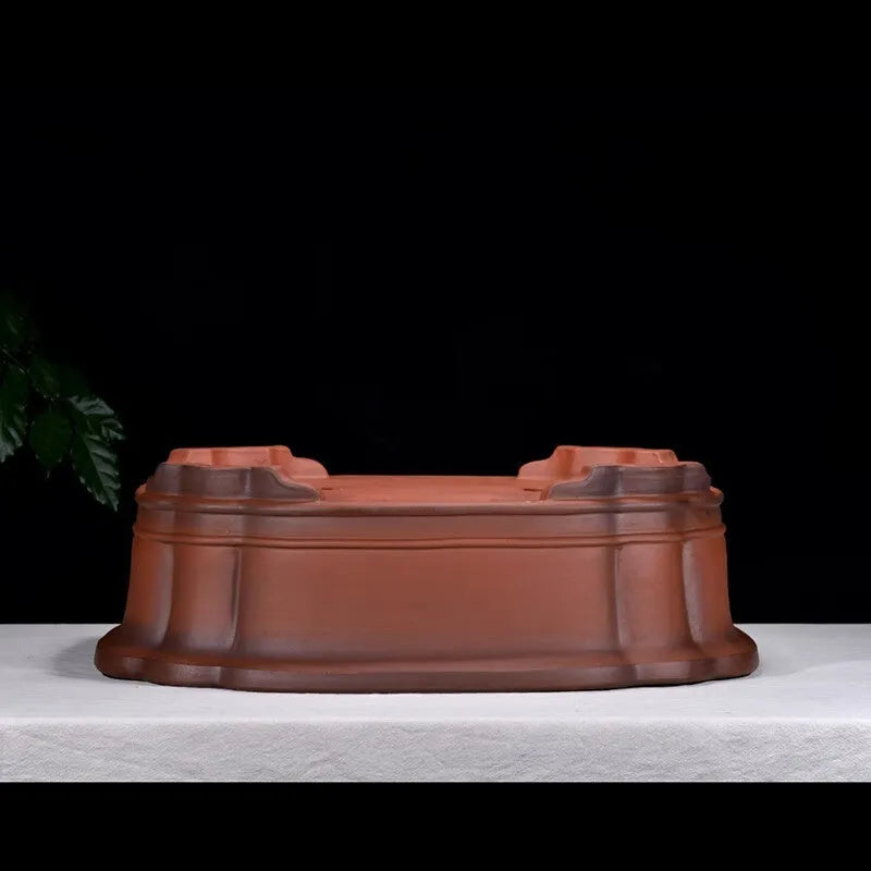 Large rectangular antique-finish purple clay flower pot in Chinese style.
