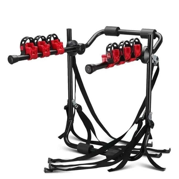 Black and red trunk-mounted car bike rack showing pull belt and tie rope fastening options
