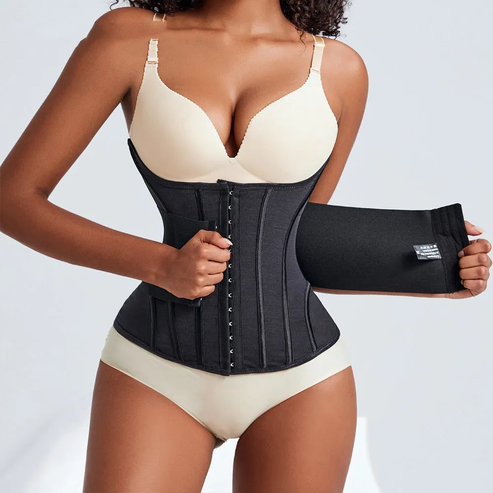Black nylon belly band waist trainer for tummy slimming and core support