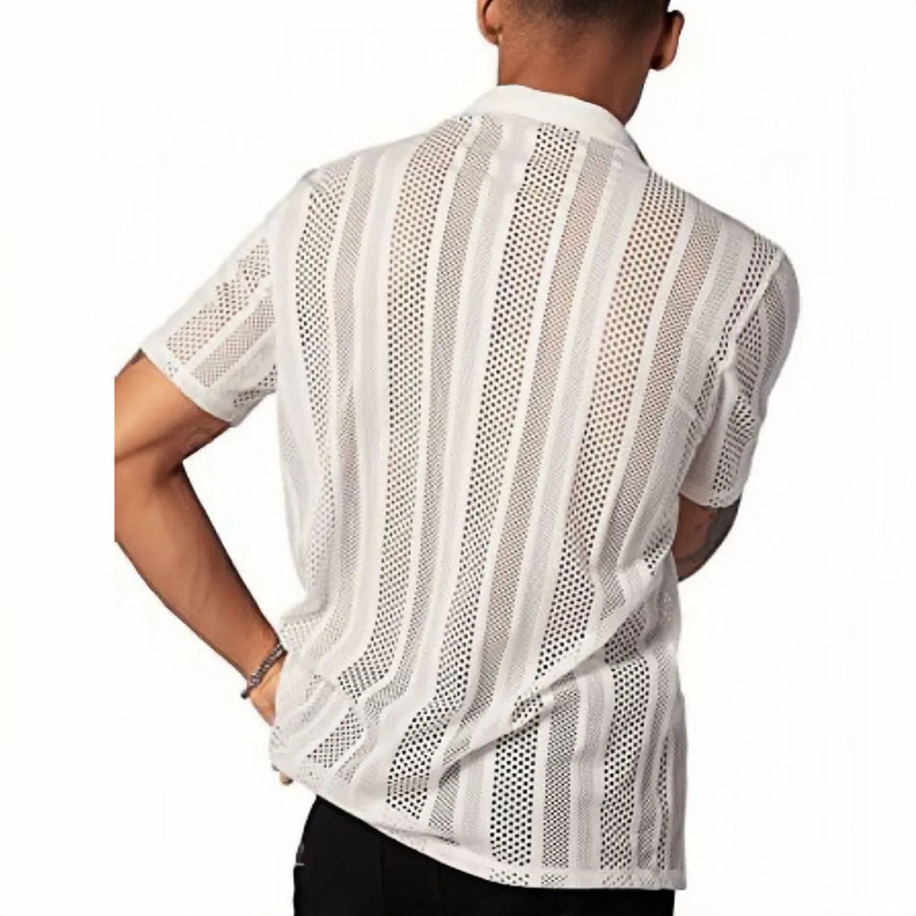 Men's black knitted short-sleeve shirt with jacquard texture and button cardigan design