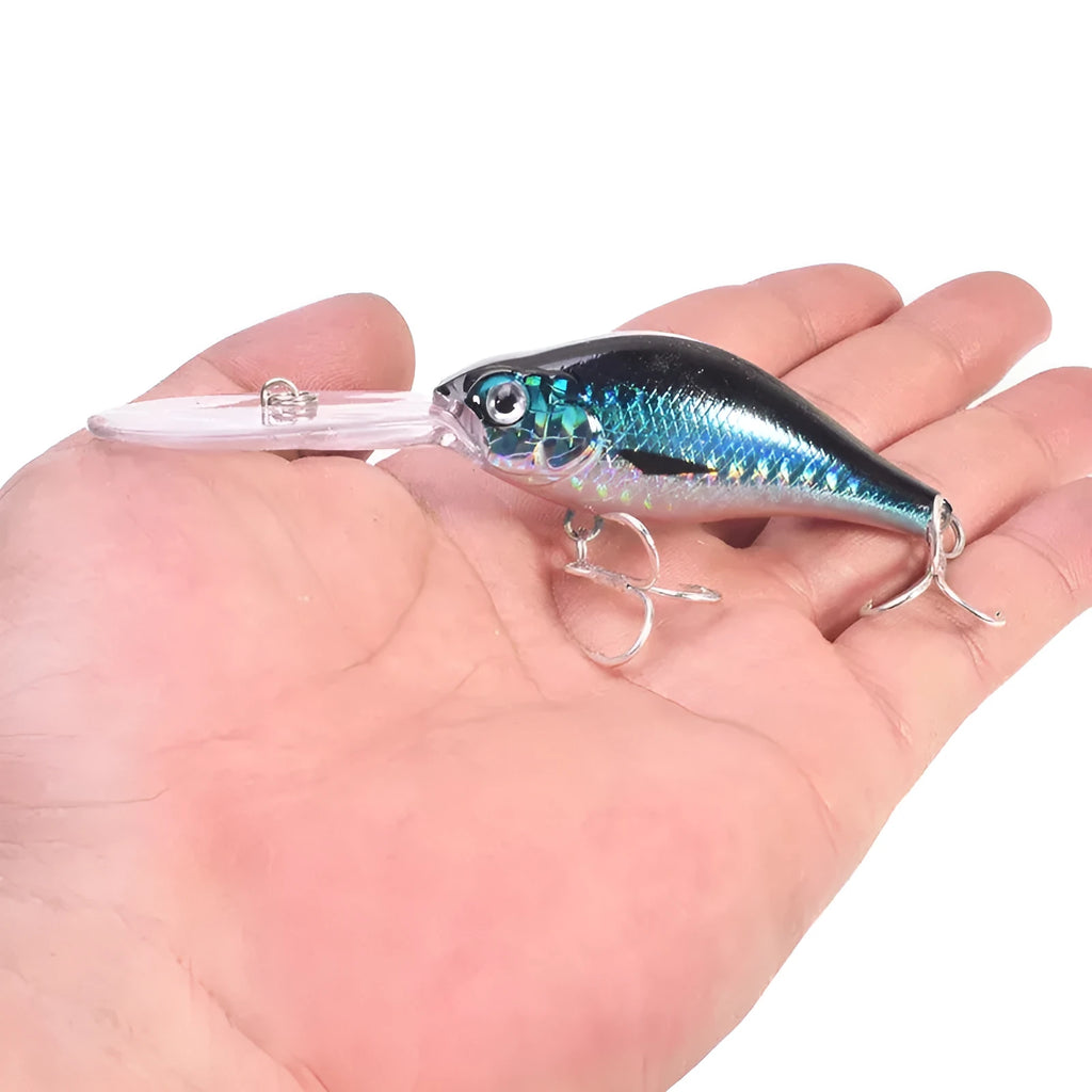 Floating Rock Little Fat Man deep diving mino fishing lure, 10.5cm long with treble hooks.