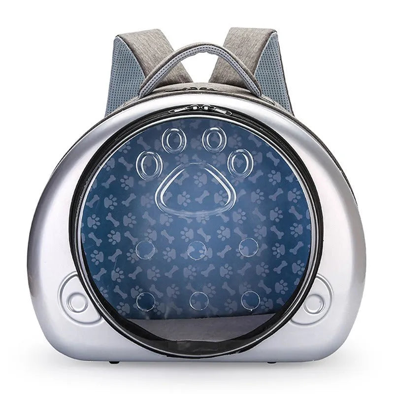Transparent space capsule cat travel carrier in metallic colours with breathable design