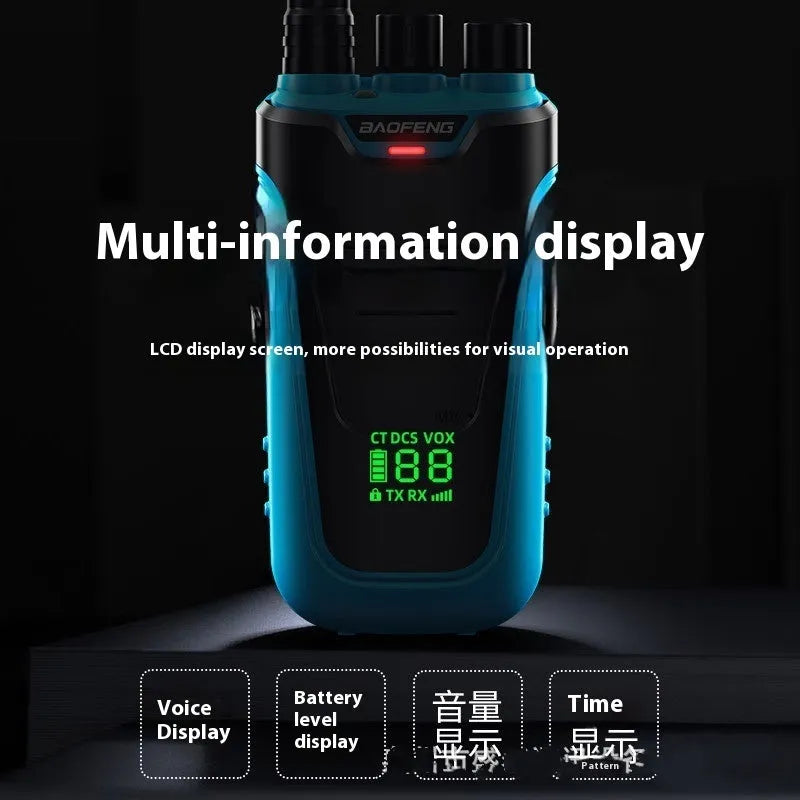 Red or yellow children intercom showing 10W power, 8km range, and 6800mAh battery capacity