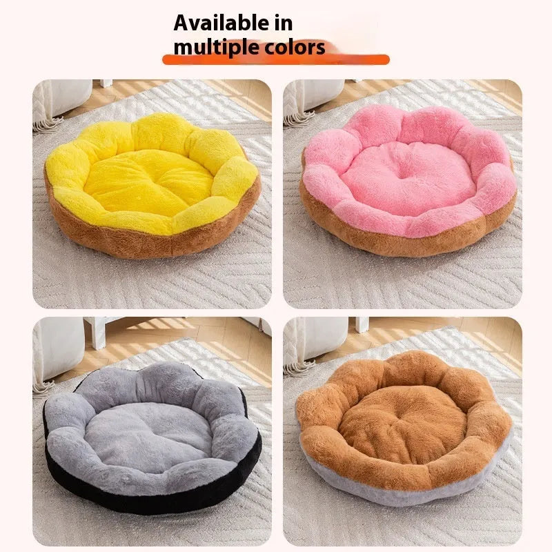 Round thick rabbit plush cat bed with removable cover in yellow brown, shown in L size.