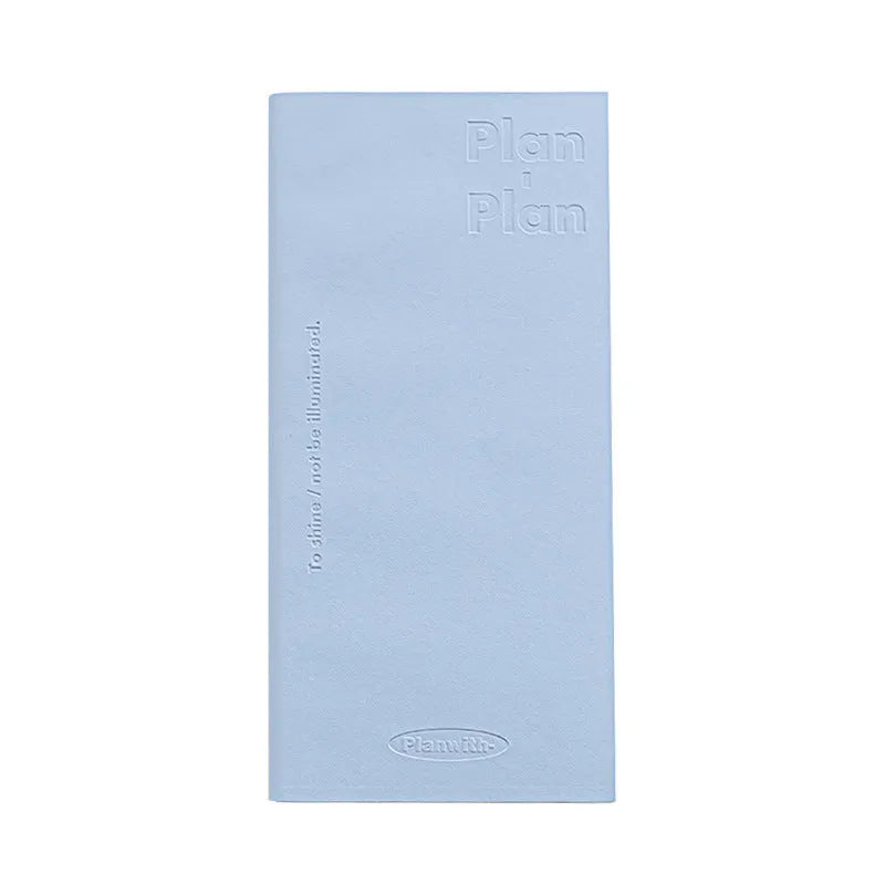 Embossed meter book notebook open showing white 100g paper, with blue, grey, purple, and white cover options.