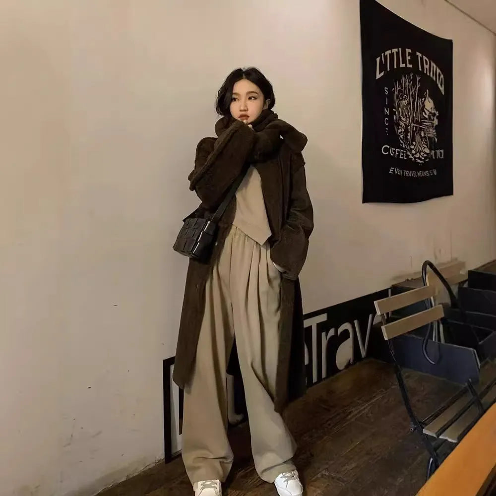 Women's khaki casual sports suit with long sleeve top and loose trousers in Japanese Korean style